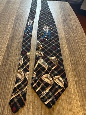 Murano Black Plaid Silk Tie with Golf Club Motif and Blue Golfers